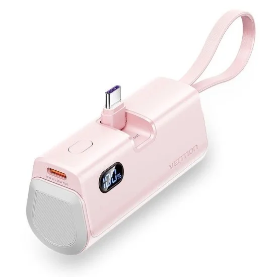 Vention Power Bank LED Display 4800mAh (USB-C + Lightning + USB-C) 22.5W Foldable USB-C Type _ Pink